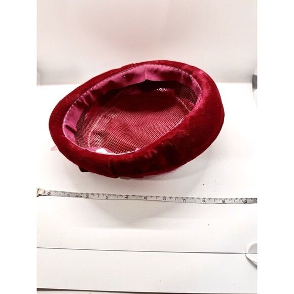 Vintage Red Velvet Feather Cocktail Hat Union Made Mid Century Church - Picture 12 of 12
